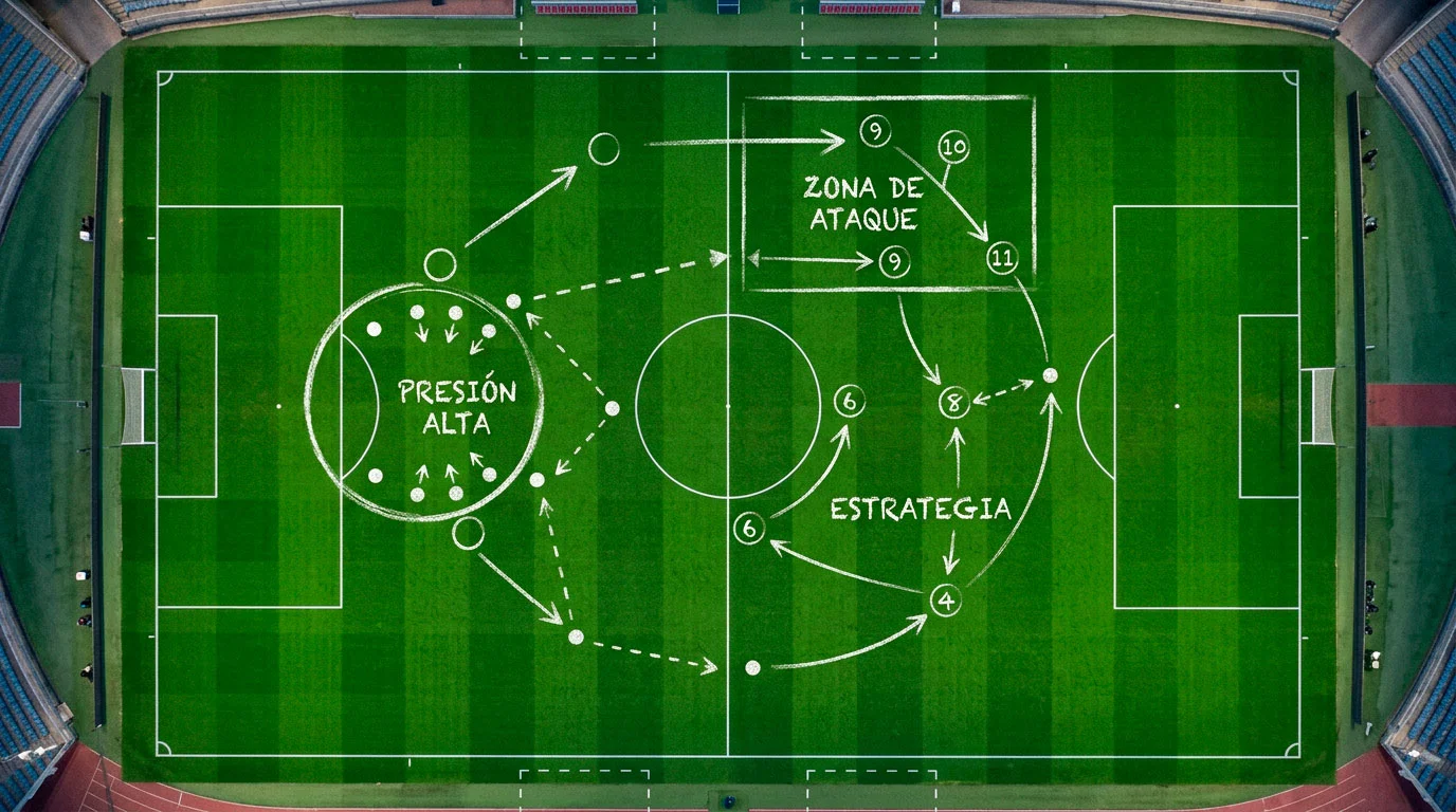Vista táctica de un campo de fútbol con posiciones de jugadores en la Champions League