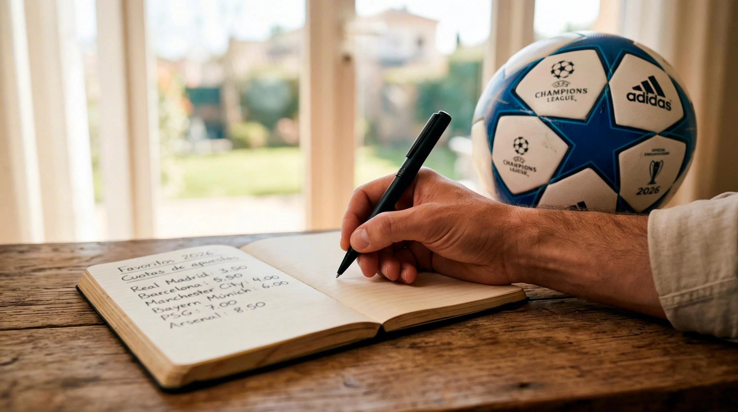 Persona anotando pronósticos deportivos en un bloc de notas junto a un balón de fútbol de la Champions League