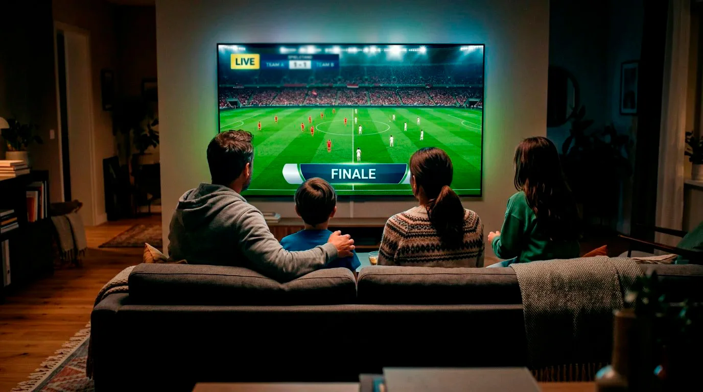Familia viendo una final de la Champions League en televisión desde su salón con el estadio iluminado en pantalla