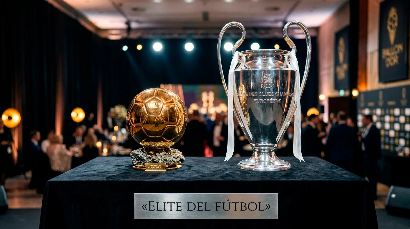 Balón dorado junto al trofeo de la Champions League sobre una mesa de premiación bajo focos de luz