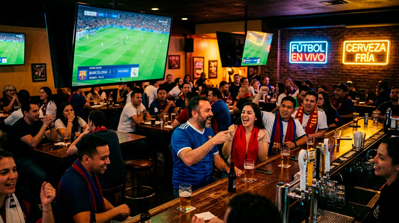 Aficionados estadounidenses viendo un partido de la Champions League en un bar deportivo con pantallas grandes