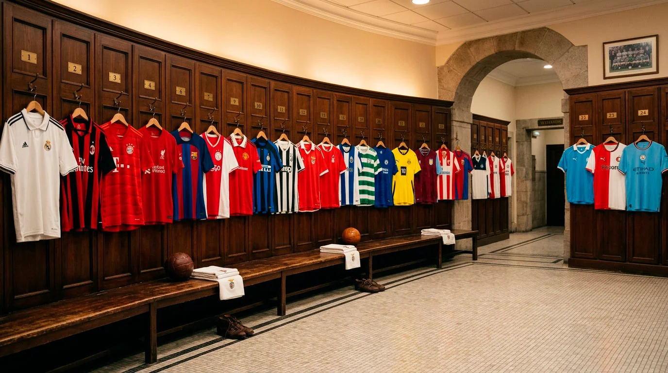 Veinticuatro camisetas de clubes campeones de la Champions League colgadas en un vestidor iluminado