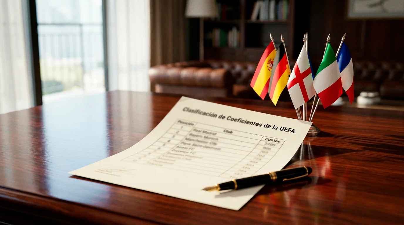 Documento oficial con el ranking de coeficientes UEFA sobre un escritorio junto a banderas de federaciones europeas