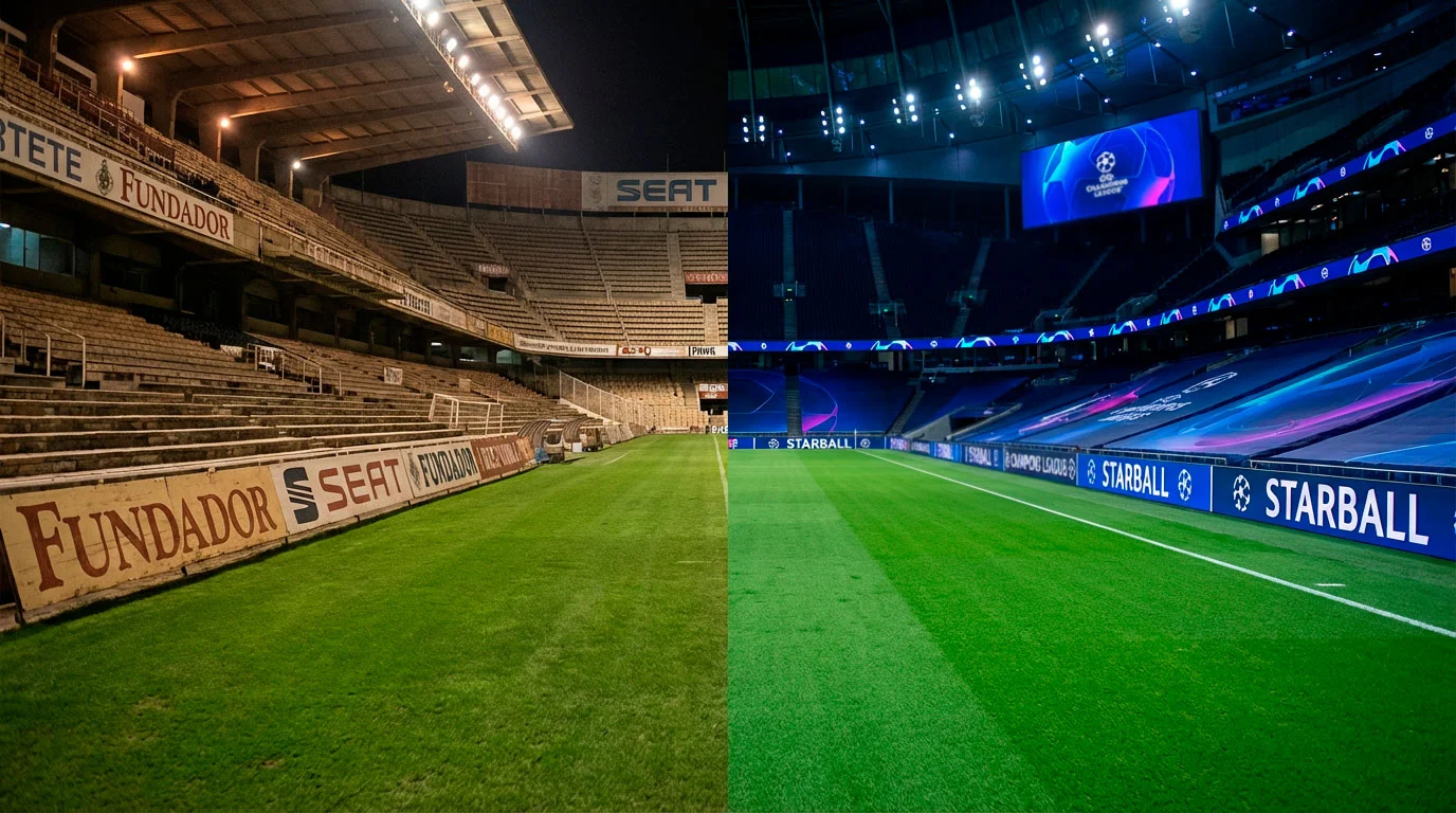 Contraste visual entre un estadio de fútbol clásico de los años 80 y un estadio moderno iluminado representando la evolución de la Champions League