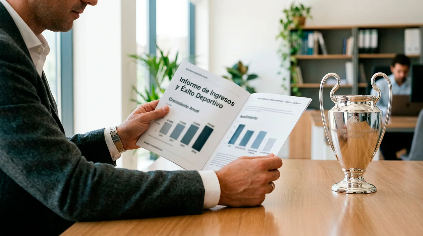 Persona revisando un informe financiero deportivo con gráficos simples junto al trofeo de la Champions League sobre un escritorio