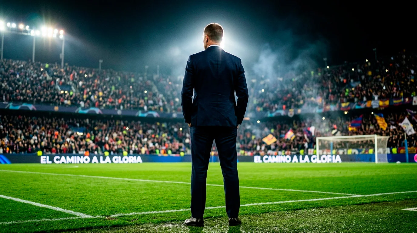 Silueta de un entrenador de fútbol de pie en el borde del campo con un estadio lleno iluminado al fondo