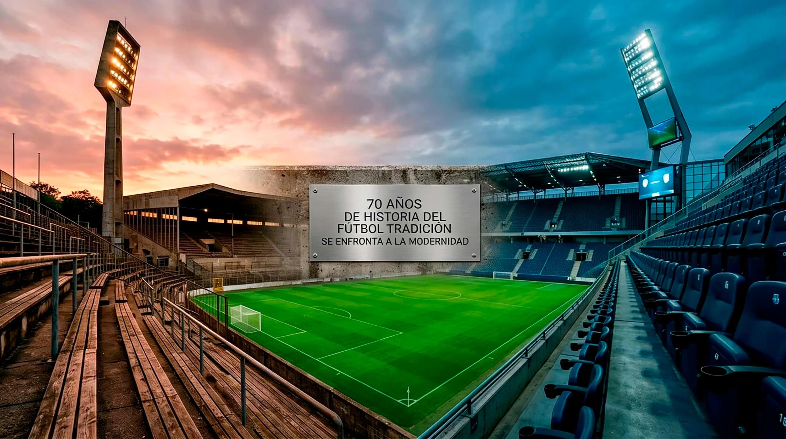 Composición visual de distintas épocas del fútbol europeo desde los años 50 hasta la actualidad en un estadio histórico