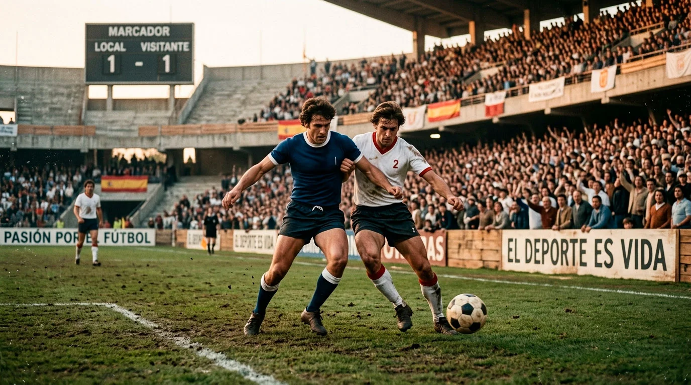 Escena de fútbol clásico europeo representando las épocas históricas de la Copa de Europa
