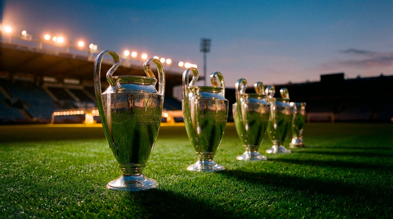 Fila de trofeos de la Champions League alineados sobre un césped de fútbol simbolizando títulos consecutivos