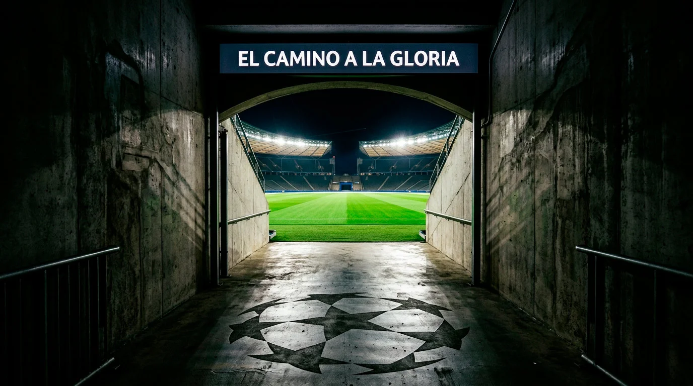 Túnel de vestuarios de un estadio de fútbol con la luz del campo al fondo simbolizando la salida a una final