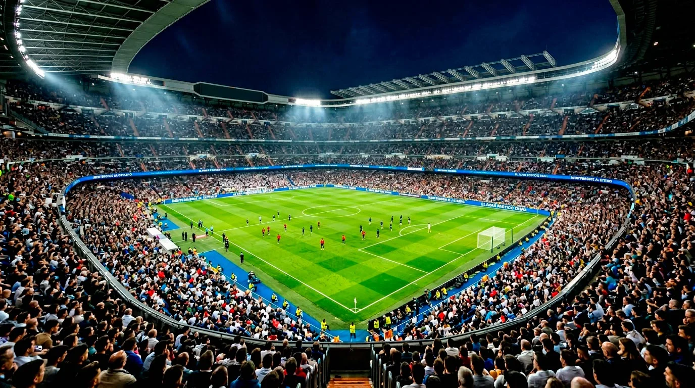 Estadio de fútbol europeo preparado para una noche de Champions League