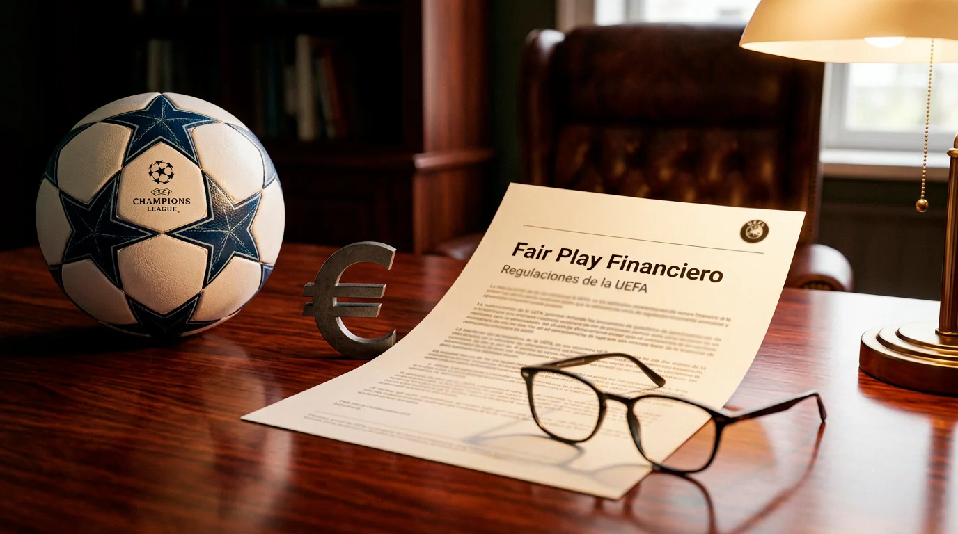 Documento oficial de regulación financiera de la UEFA sobre un escritorio con el símbolo del euro y un balón de fútbol