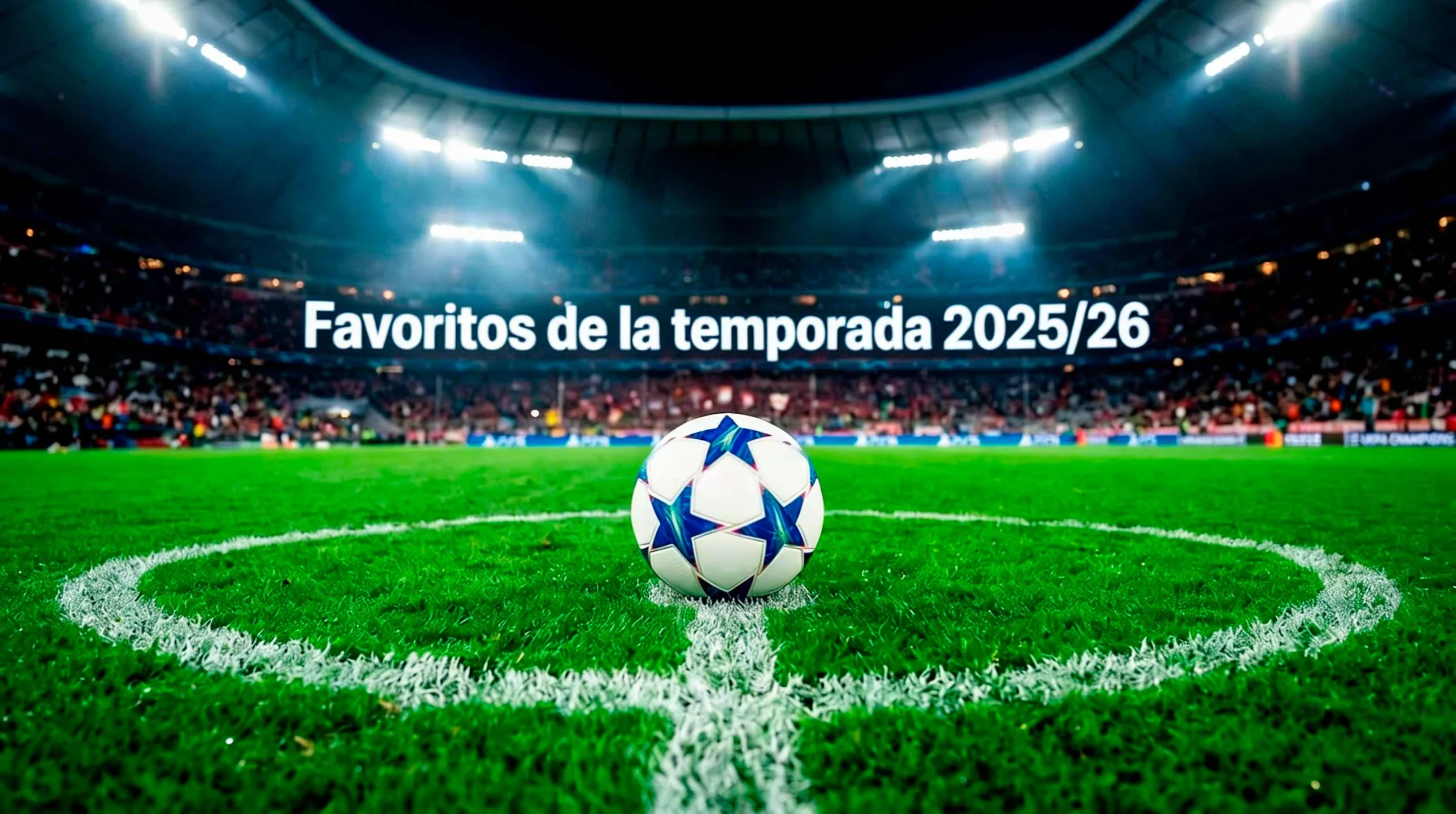 Balón oficial de la Champions League sobre el césped de un estadio iluminado antes de un partido nocturno