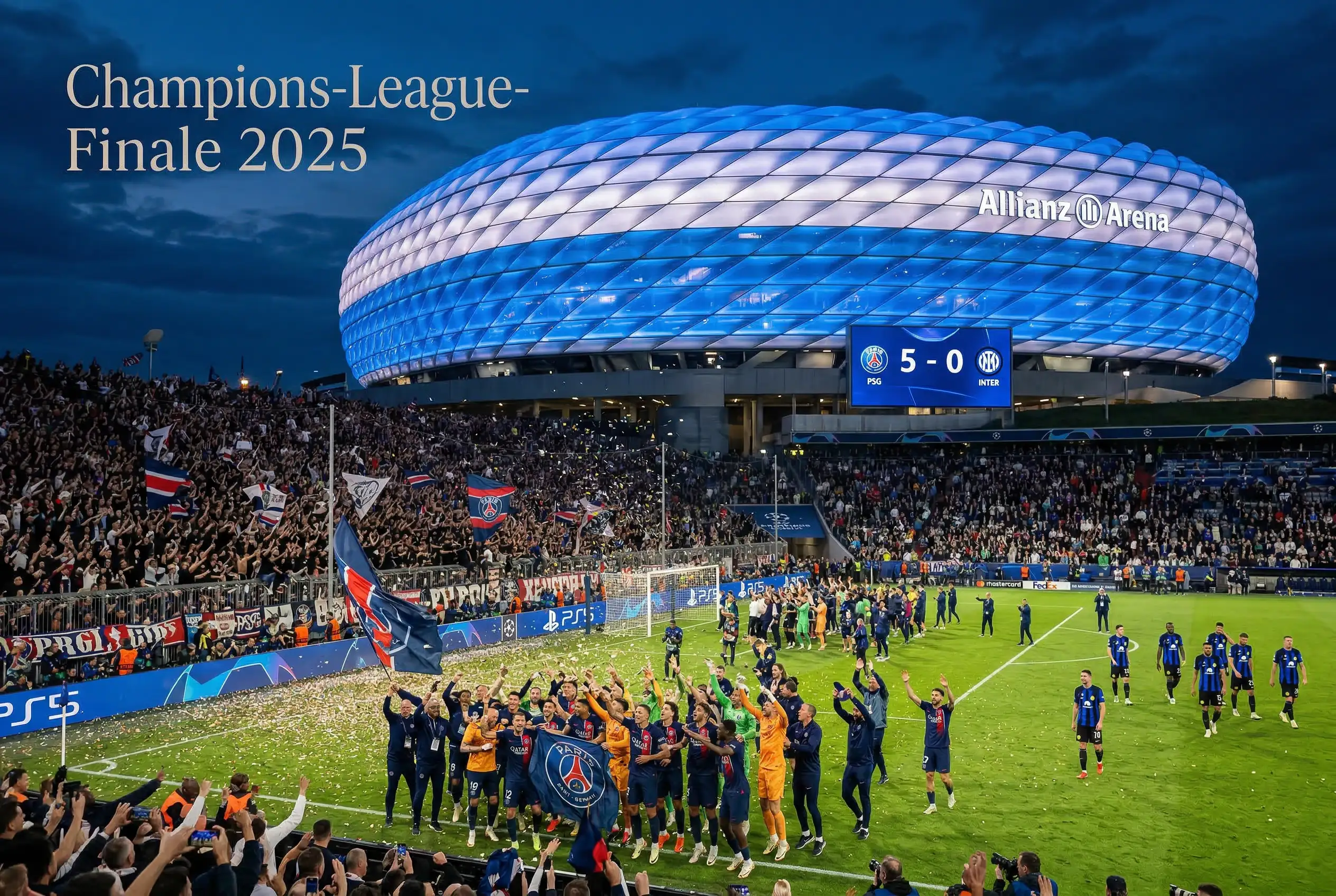 Jugadores del PSG celebrando la victoria 5-0 sobre el Inter en la final de la Champions League 2025 en el Allianz Arena de Múnich