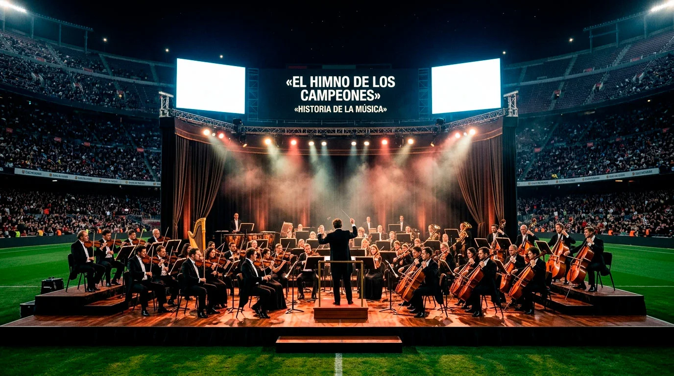 Orquesta sinfónica tocando en un estadio de fútbol iluminado antes de una final de la Champions League