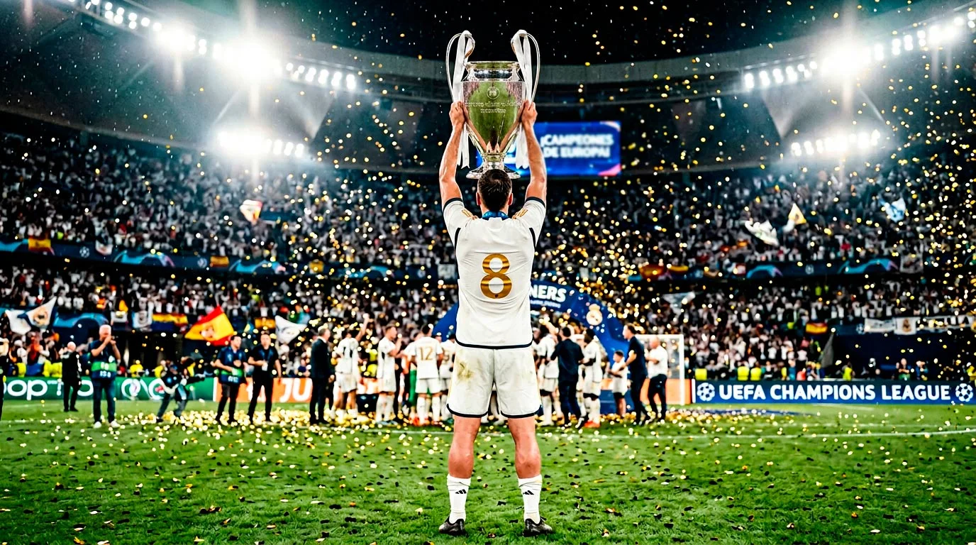 Futbolista levantando el trofeo de la Champions League rodeado de confeti dorado en un estadio de fútbol lleno