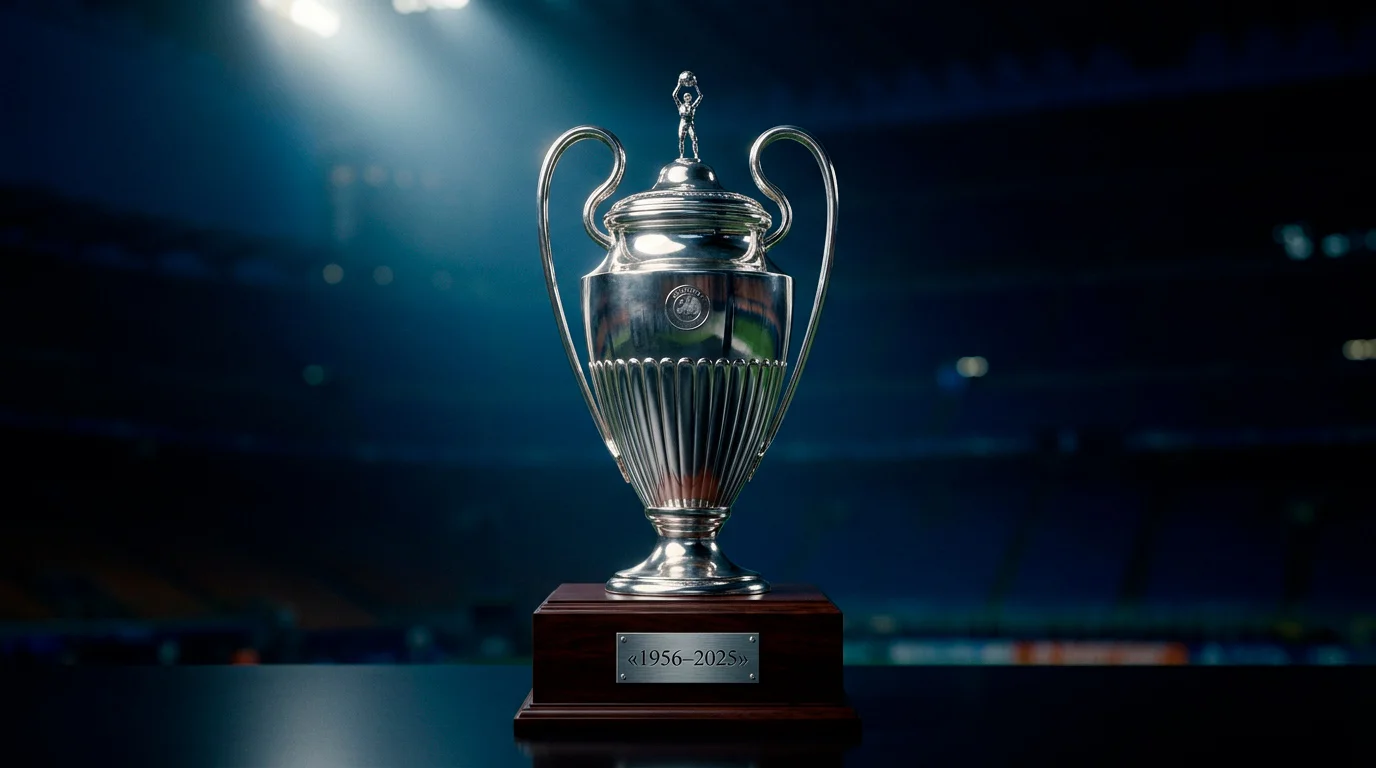 Trofeo de la Champions League iluminado sobre un pedestal con los nombres de los 24 clubes campeones de Europa