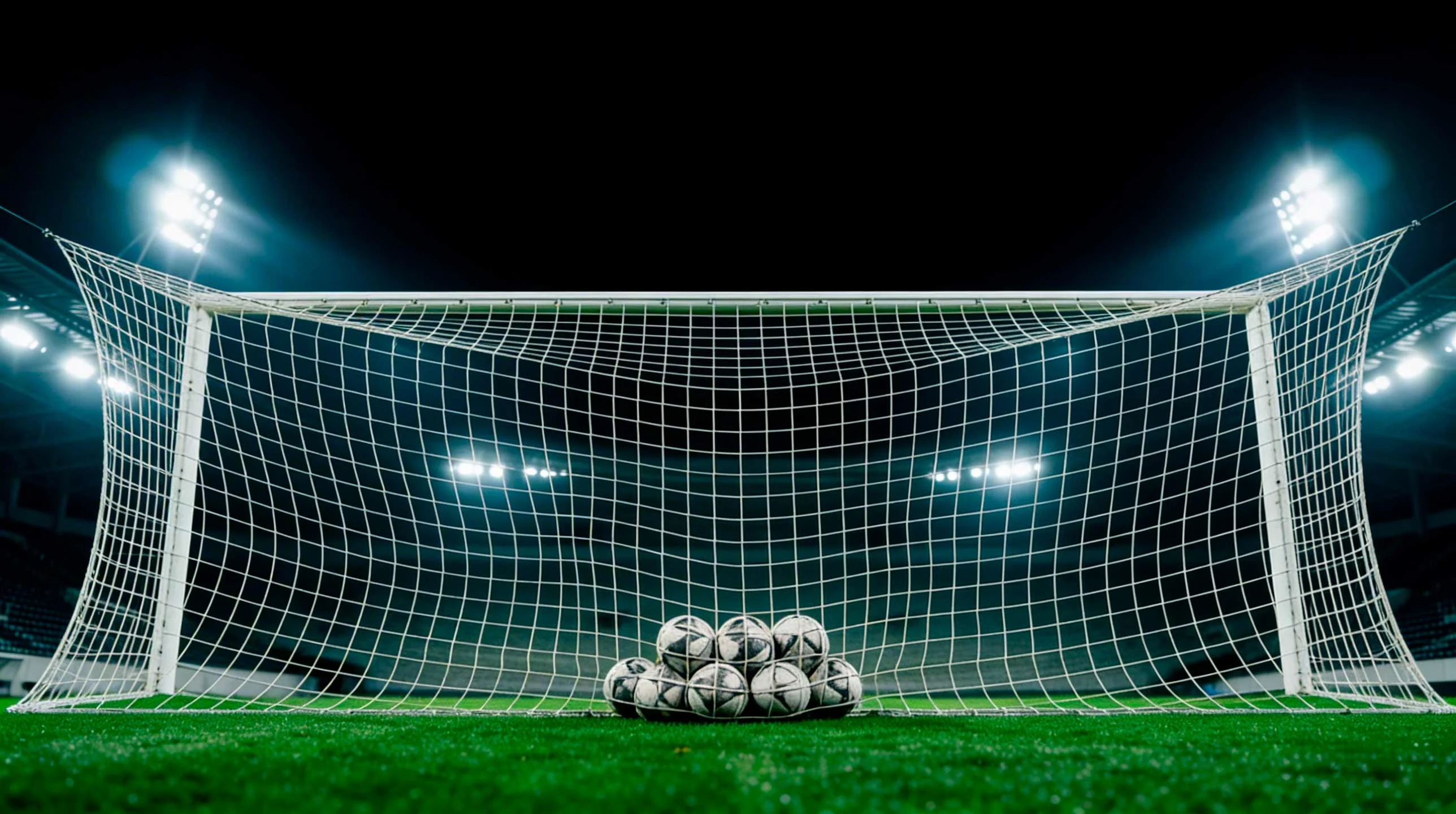 Portería de fútbol con varios balones dentro de la red simbolizando una goleada histórica en la Champions League