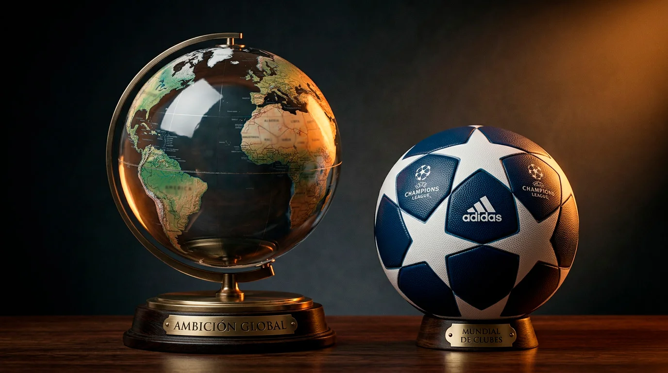 Globo terráqueo con un balón de fútbol y el trofeo de la Champions League simbolizando el torneo mundial de clubes