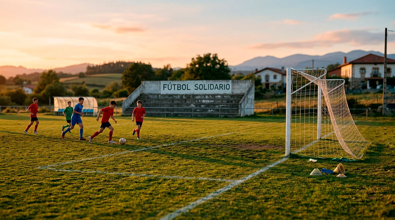 Campo de fútbol de un club modesto con gradas pequeñas iluminado al atardecer simbolizando los pagos solidarios de la UEFA