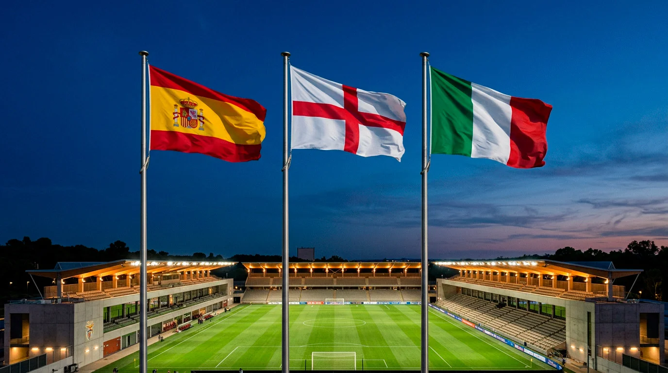 Banderas de España, Inglaterra e Italia ondeando sobre un estadio de fútbol europeo iluminado de noche