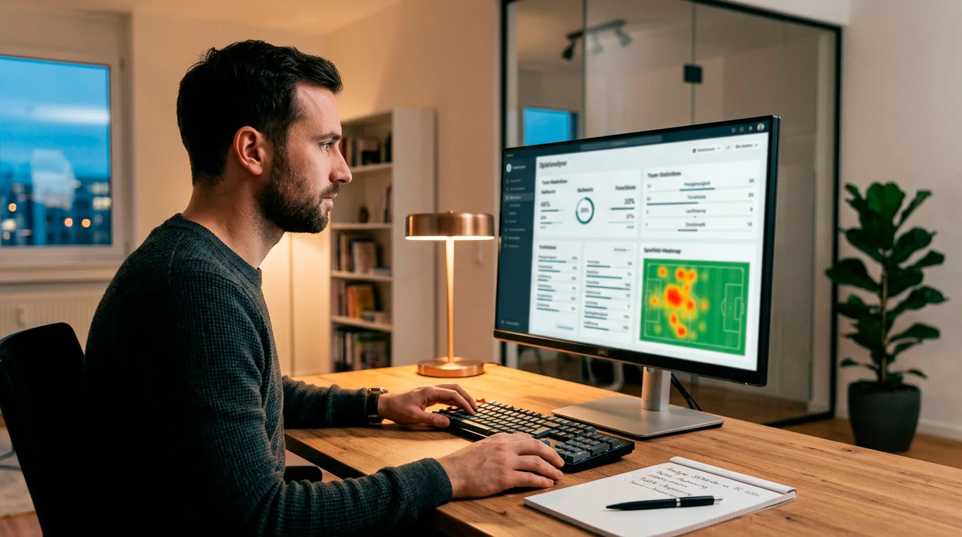 Analista deportivo trabajando con datos de fútbol en una pantalla de ordenador mostrando estadísticas de la Champions League