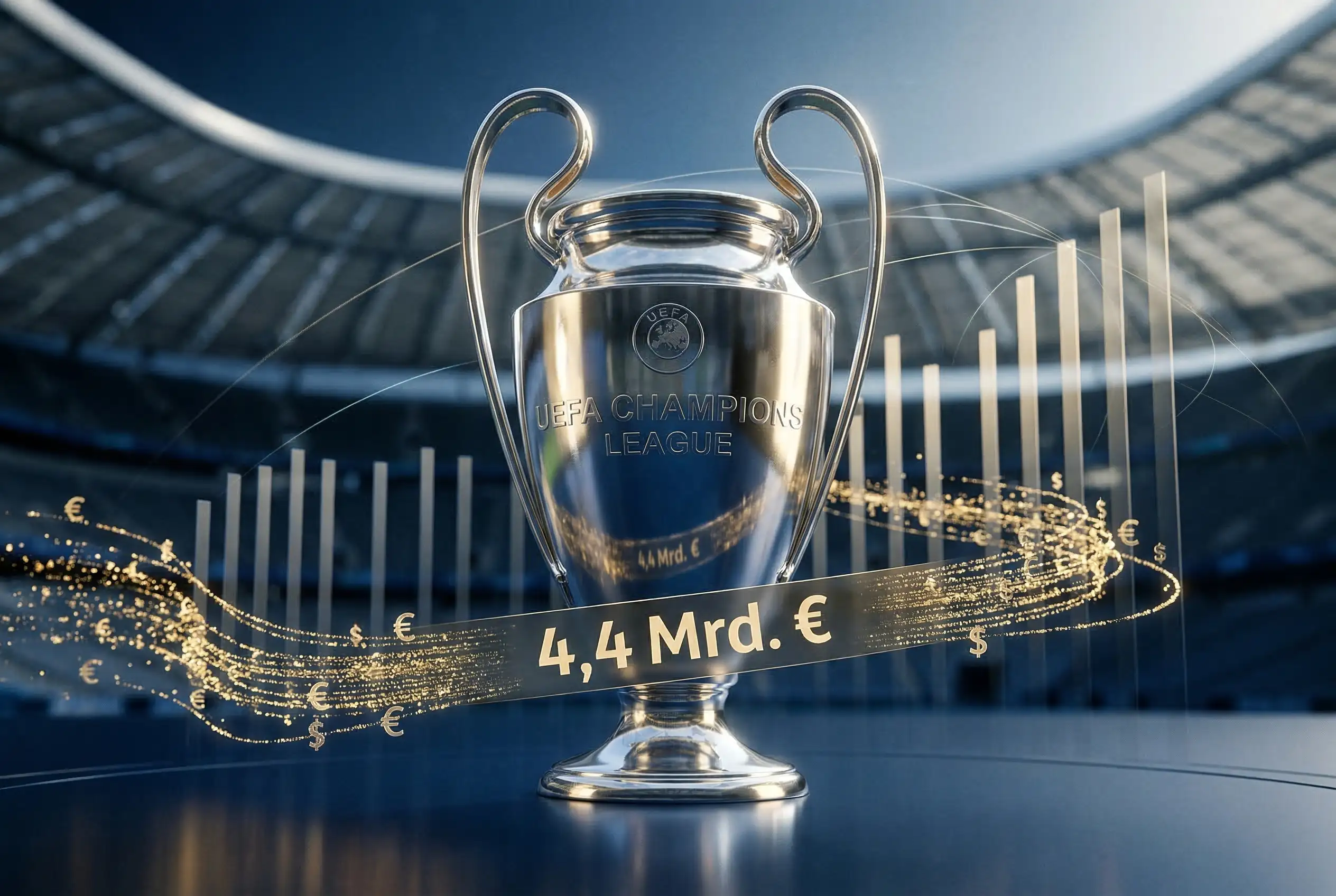 Infografía de la distribución económica de la Champions League mostrando los 4.400 millones de euros en ingresos de la temporada 2024-25