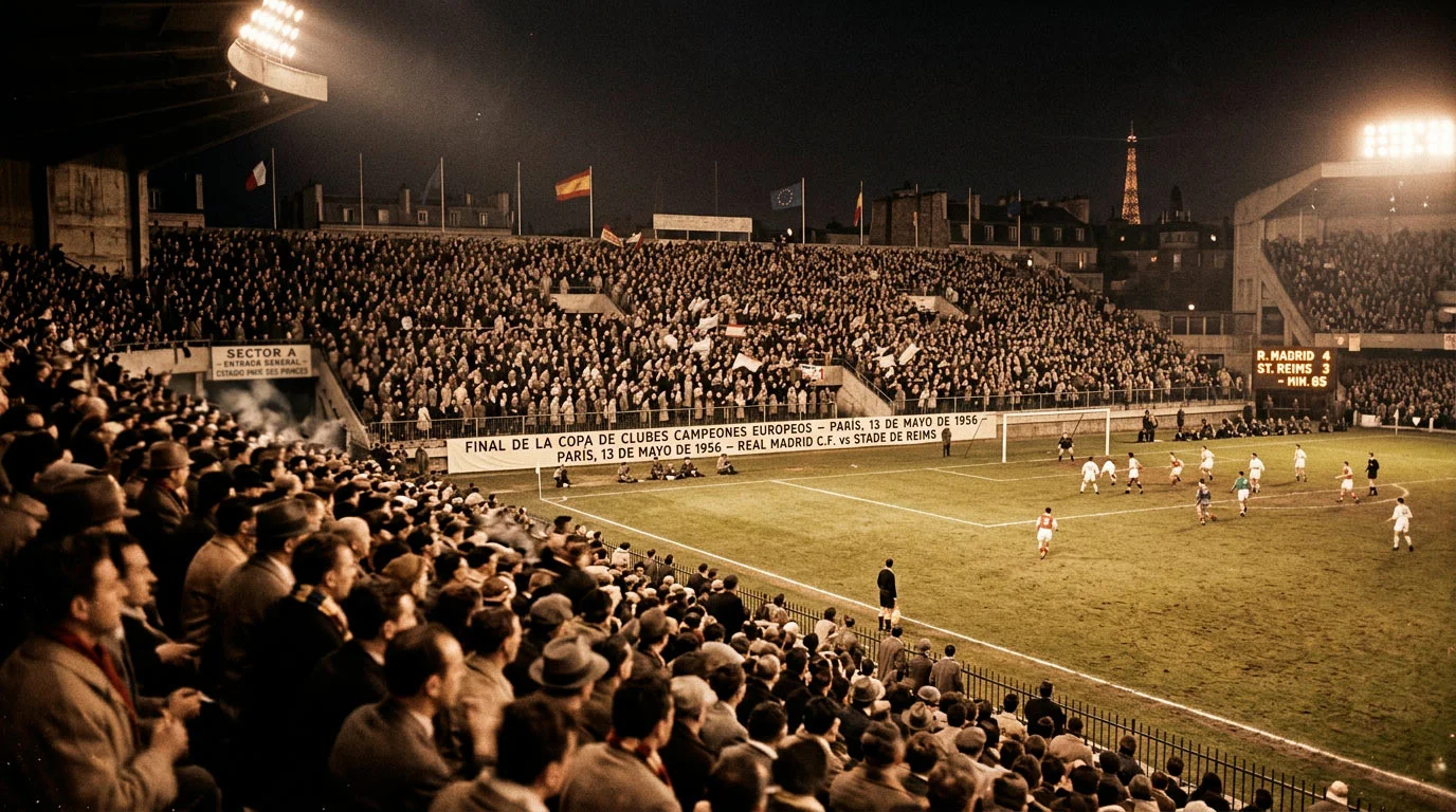 Fotografía en estilo vintage del estadio Parc des Princes en 1956 durante la primera final de la Copa de Europa