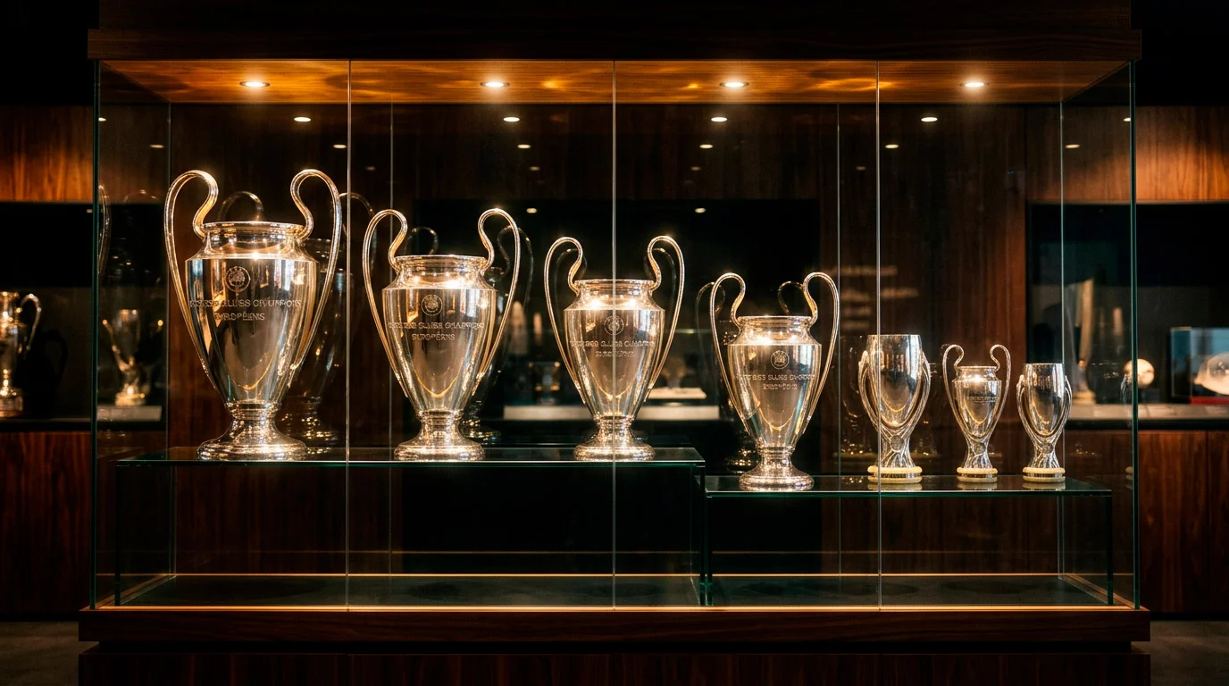 Vitrina de trofeos con múltiples réplicas de la Champions League representando los clubes más ganadores de Europa