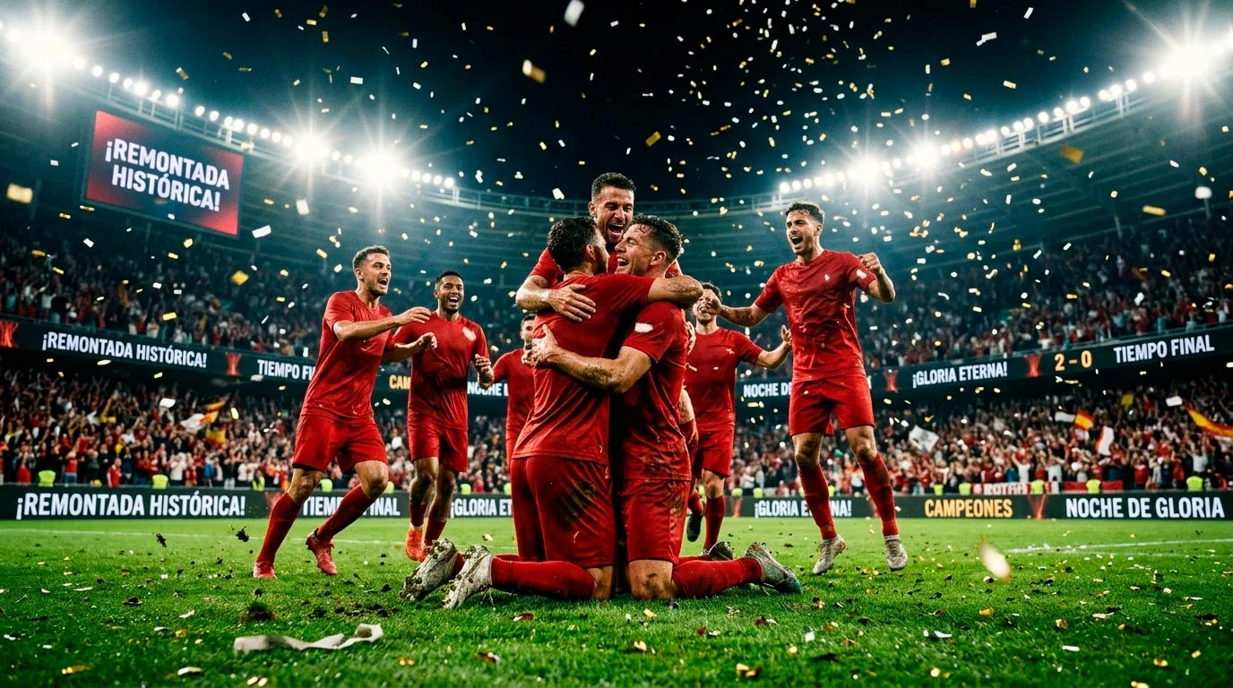 Jugadores de fútbol celebrando eufóricamente en el campo tras una remontada épica en la Champions League