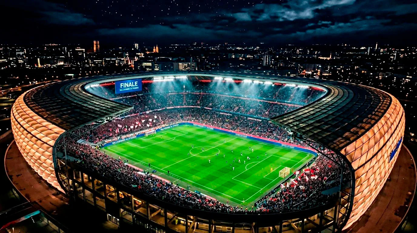 Vista aérea de un gran estadio de fútbol europeo iluminado de noche preparado para una final de Champions League