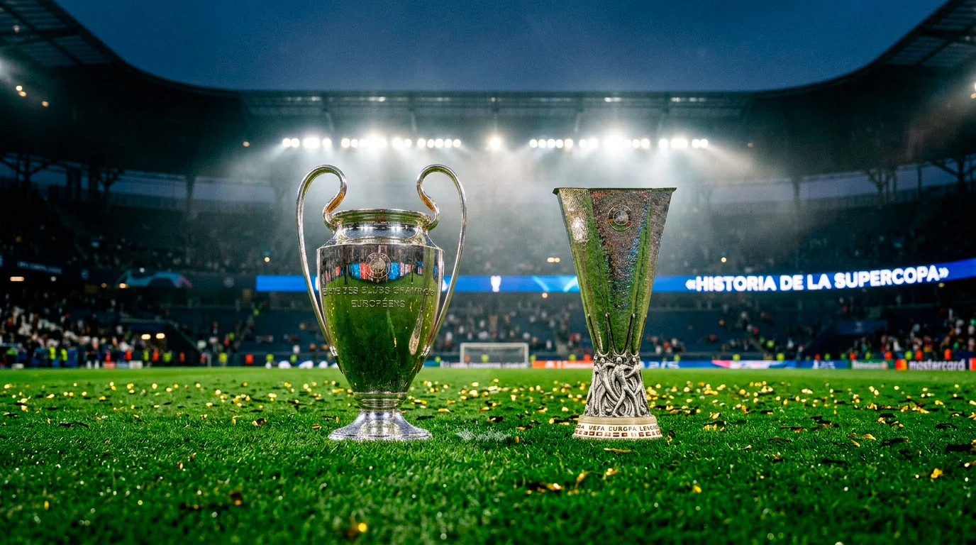 Dos trofeos de fútbol europeo enfrentados sobre un césped simbolizando la Supercopa de Europa entre campeones