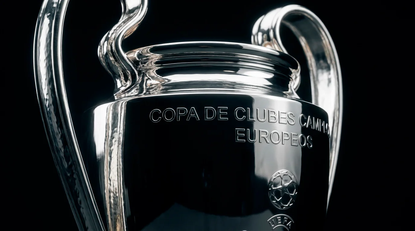 Primer plano del trofeo de la Champions League, la Orejona, con sus asas características y detalles grabados