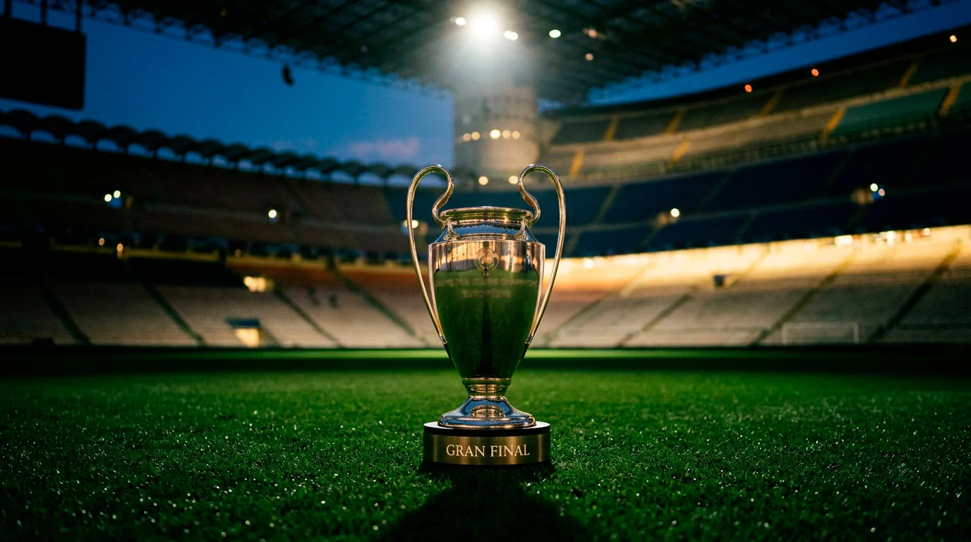 Trofeo de la Champions League iluminado sobre césped de estadio europeo